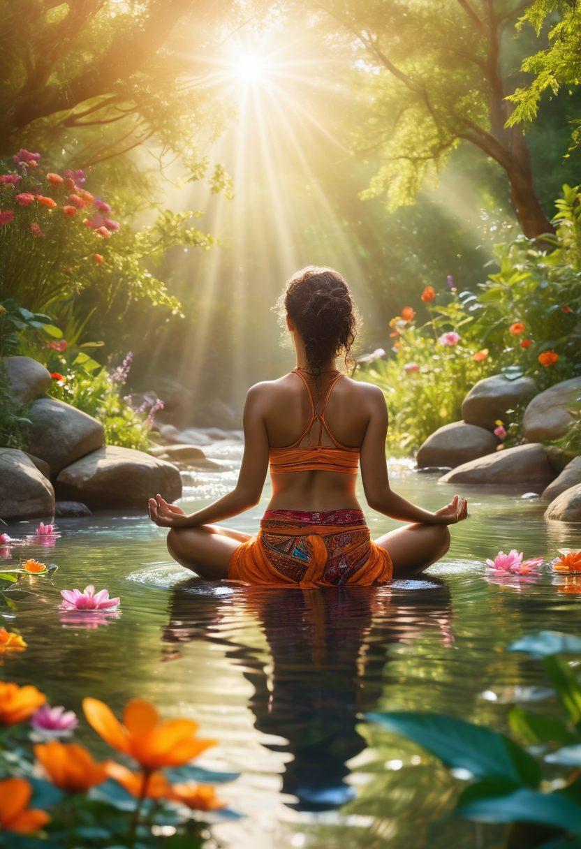 A serene landscape featuring diverse individuals engaging in various holistic practices such as yoga, meditation, and herbal therapy, all interconnected by gentle flowing water symbolizing emotional healing. The setting is bathed in warm sunlight, with lush greenery and colorful flowers enhancing the vibe of tranquility and wellness. This image should inspire a sense of calm and community, reflecting strength in diversity among survivors. super-realistic. vibrant colors. peaceful background.
