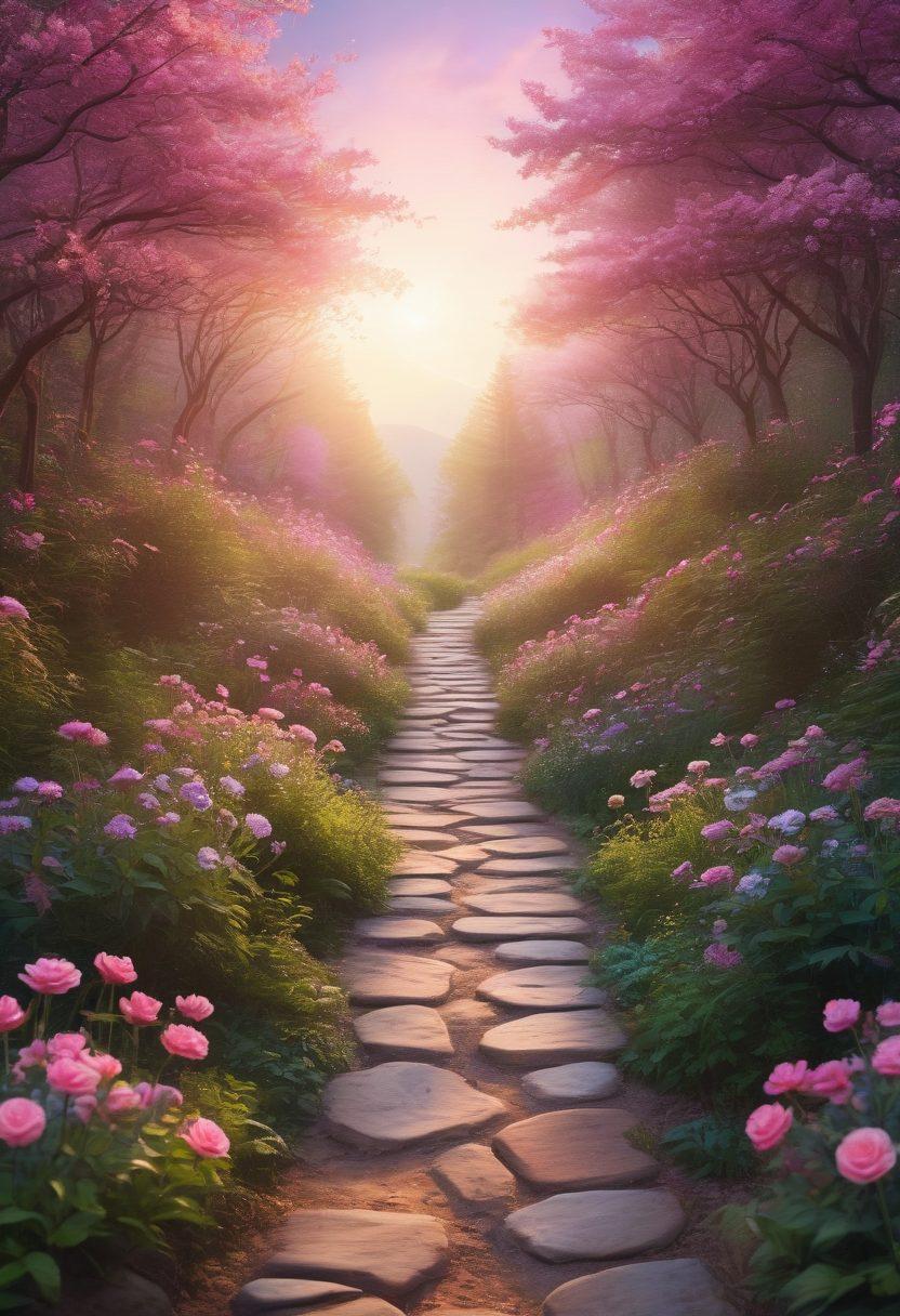 A serene pathway winding through a lush forest, symbolizing the journey of cancer survivors. Along the path, vibrant support symbols such as intertwined hands and blooming flowers. In the background, a soft luminous light representing hope and wellness. The sky is a gradient of soothing colors, reflecting warmth and encouragement. super-realistic. vibrant colors. peaceful atmosphere.